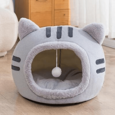 vue sur lit pour chat confortable gris